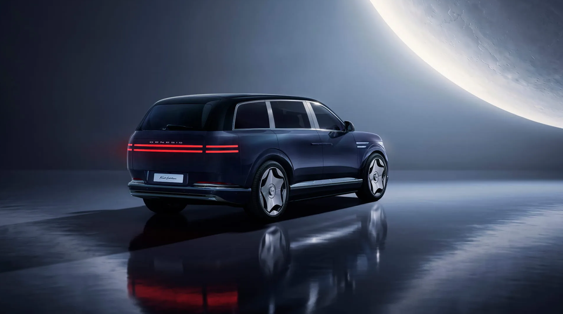 Dark blue luxury SUV with red horizontal taillights, reflecting on a wet surface, under a bright crescent moon.