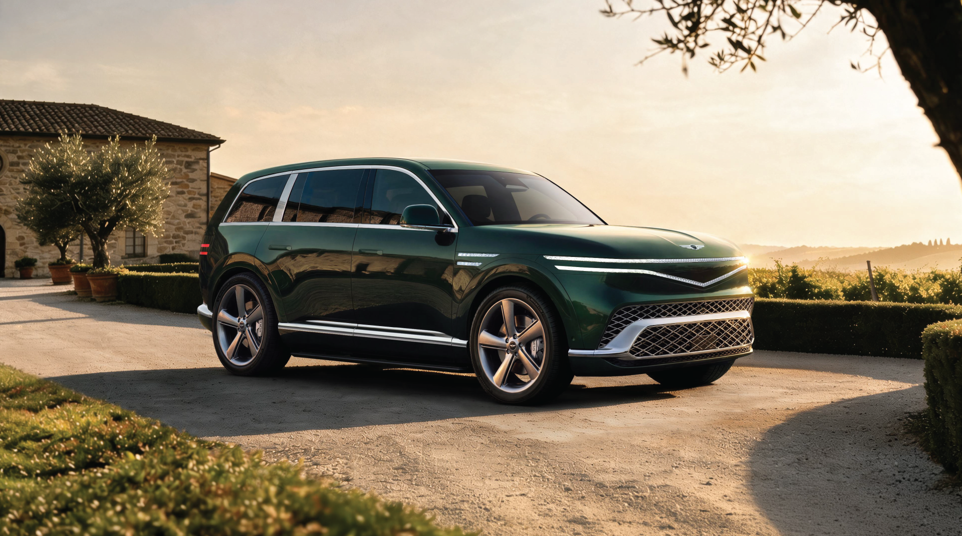 Dark green Genesis GV80 SUV parked on a gravel driveway at sunset, with a stone building and landscape in the background.